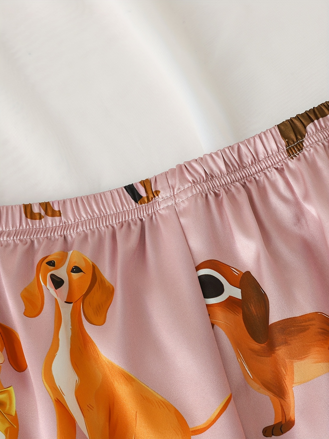 ladies two piece satin pajamas set in   paste color with a small dog pattern ladies two piece short sleeved stand up collar top   with shorts ladies pajamas for   two piece womens set Product details 3