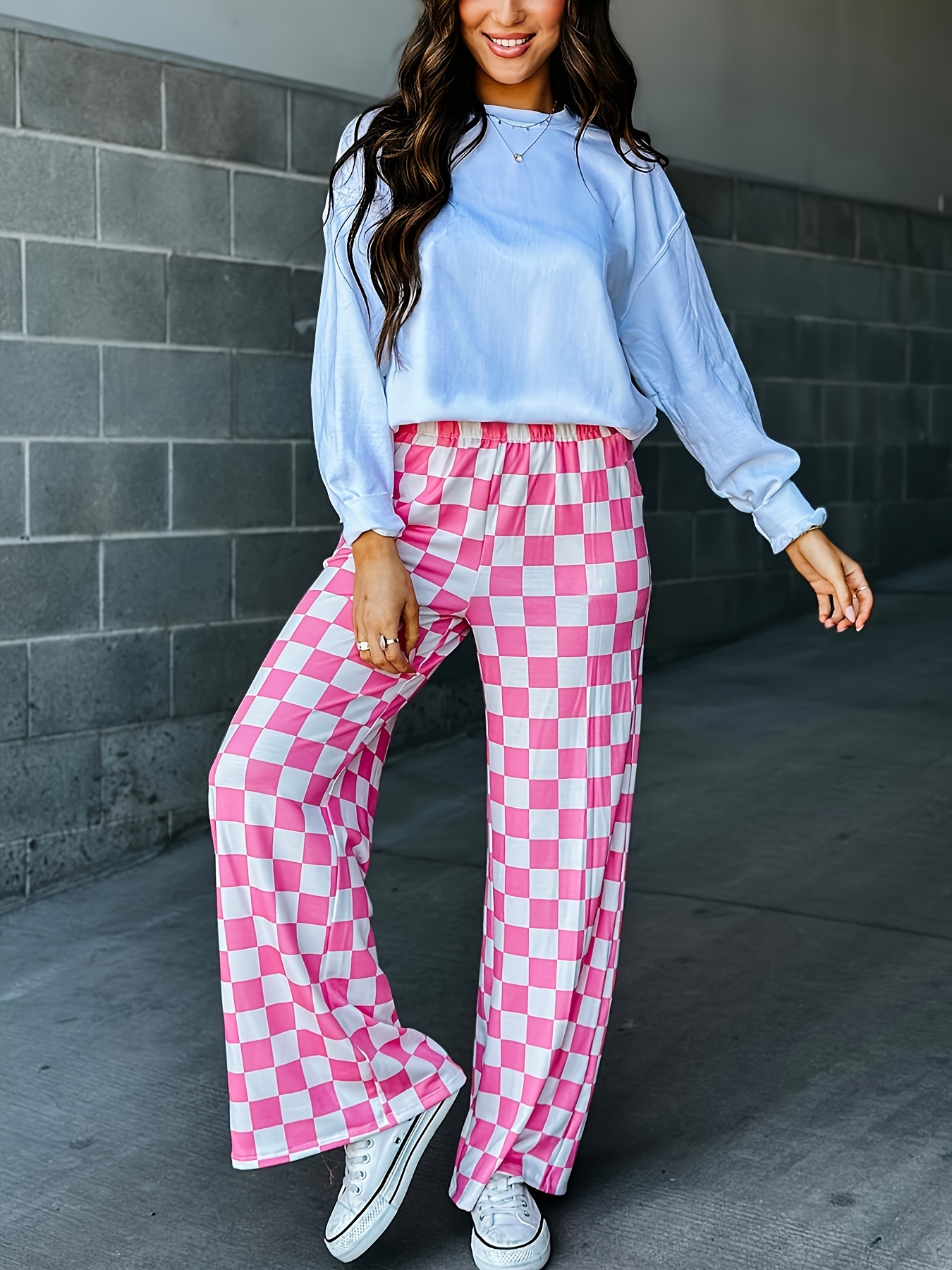 Women'S Black and White Gingham Checkered Print Straight Leg Pants,  Lightweight Polyester Casual Trousers for High Waist Design with Elastic 