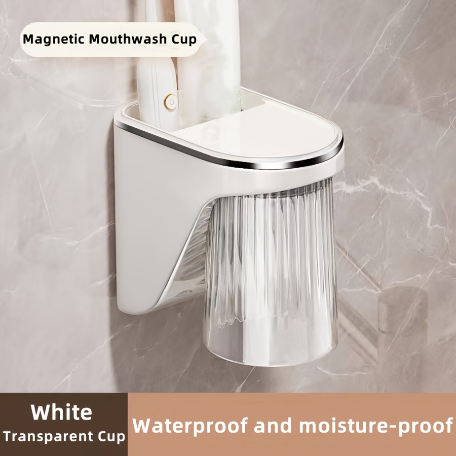 Image of Space-saving Magnetic Toothbrush & Toothpaste Holder With Drainage - Wall Mounted Storage Box For Couples, Includes Mouthwash Cups, Essential Bathroom Accessory, Plastic, Storage Box