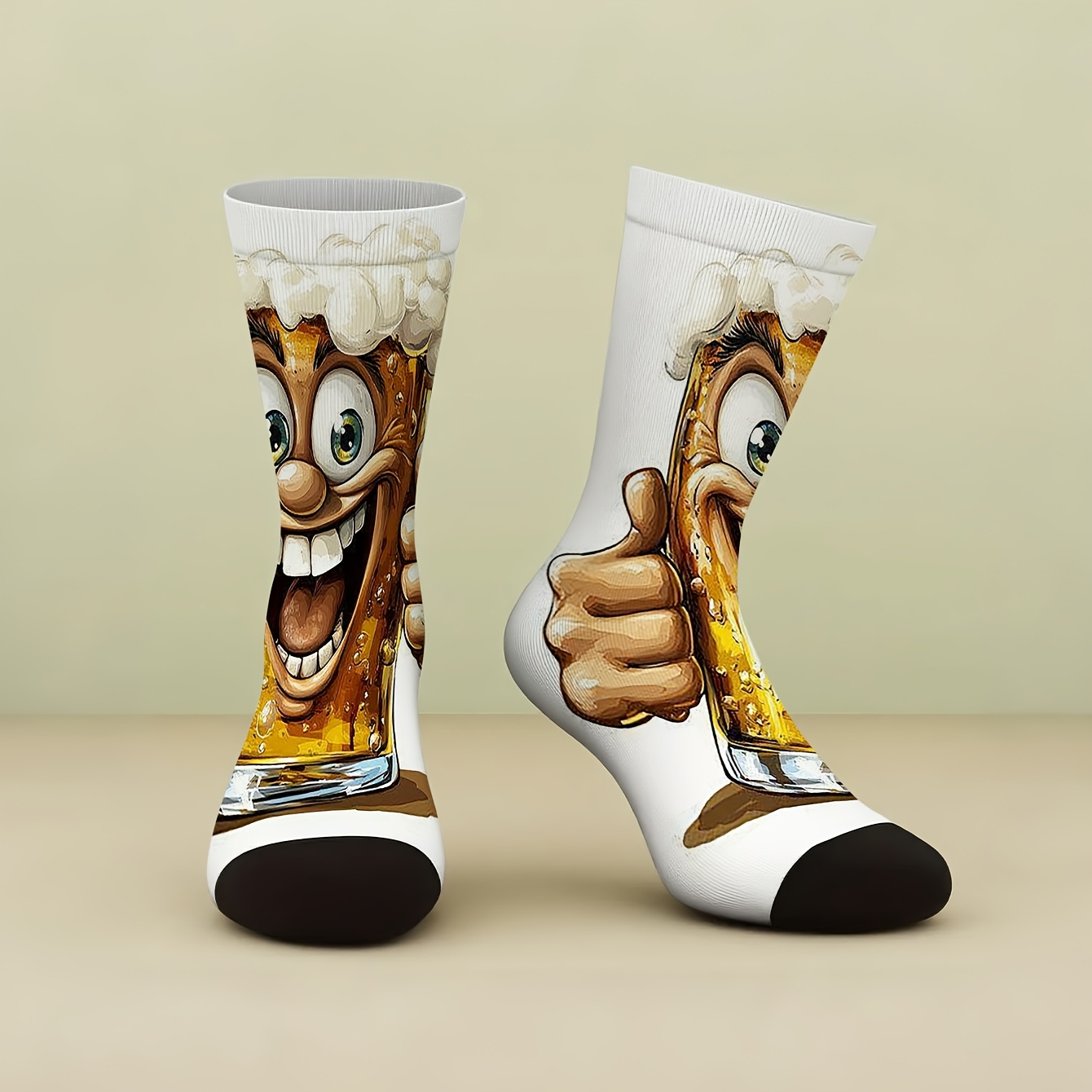 Image of 1 Pair Of Printed Beer Mug Anthropomorphic Thumbs Up Mid-calf Socks - Soft And Comfortable Polyester, Suitable For Daily Wear