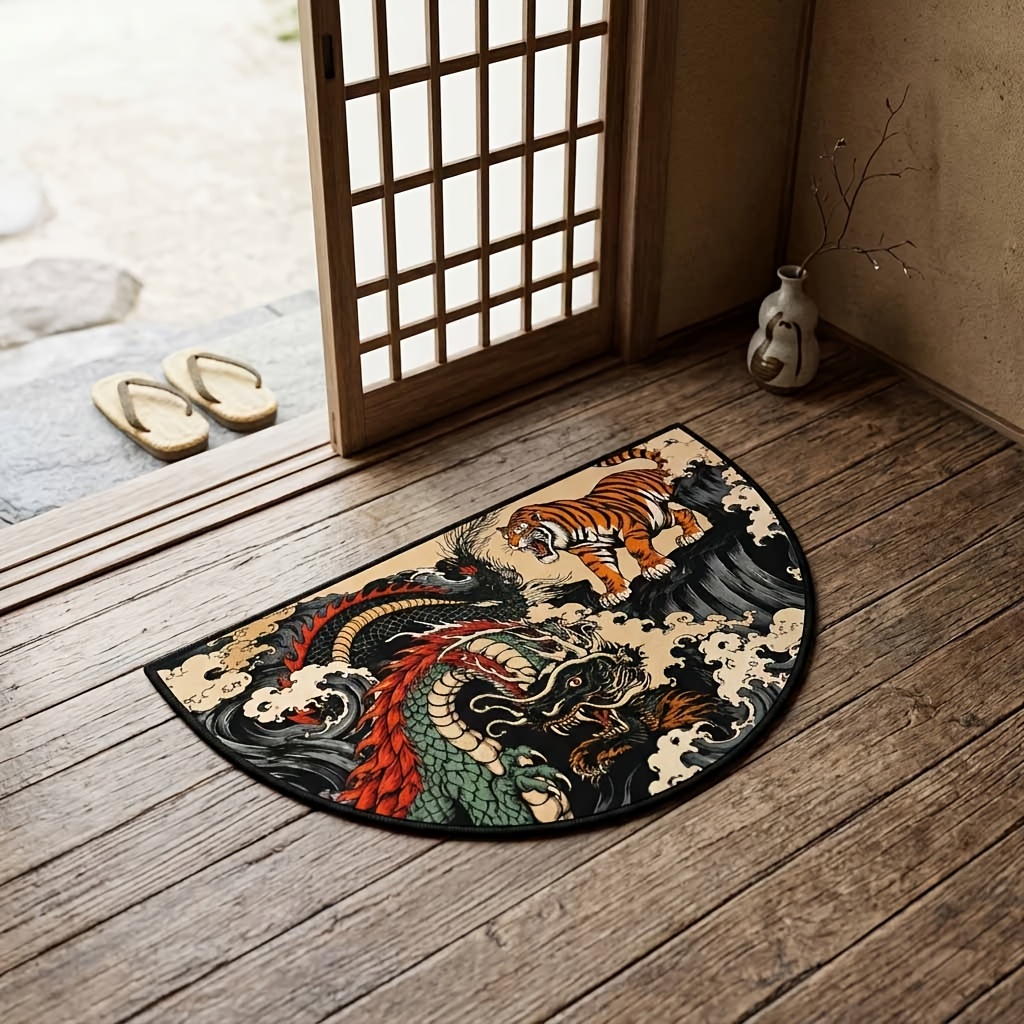TEMU 1pc, -e Dragon And Tiger Wave Pattern Doormat, Japanese - And Zen Style Half-round Carpet, Flannel Material, Soft And Comfortable, Machine