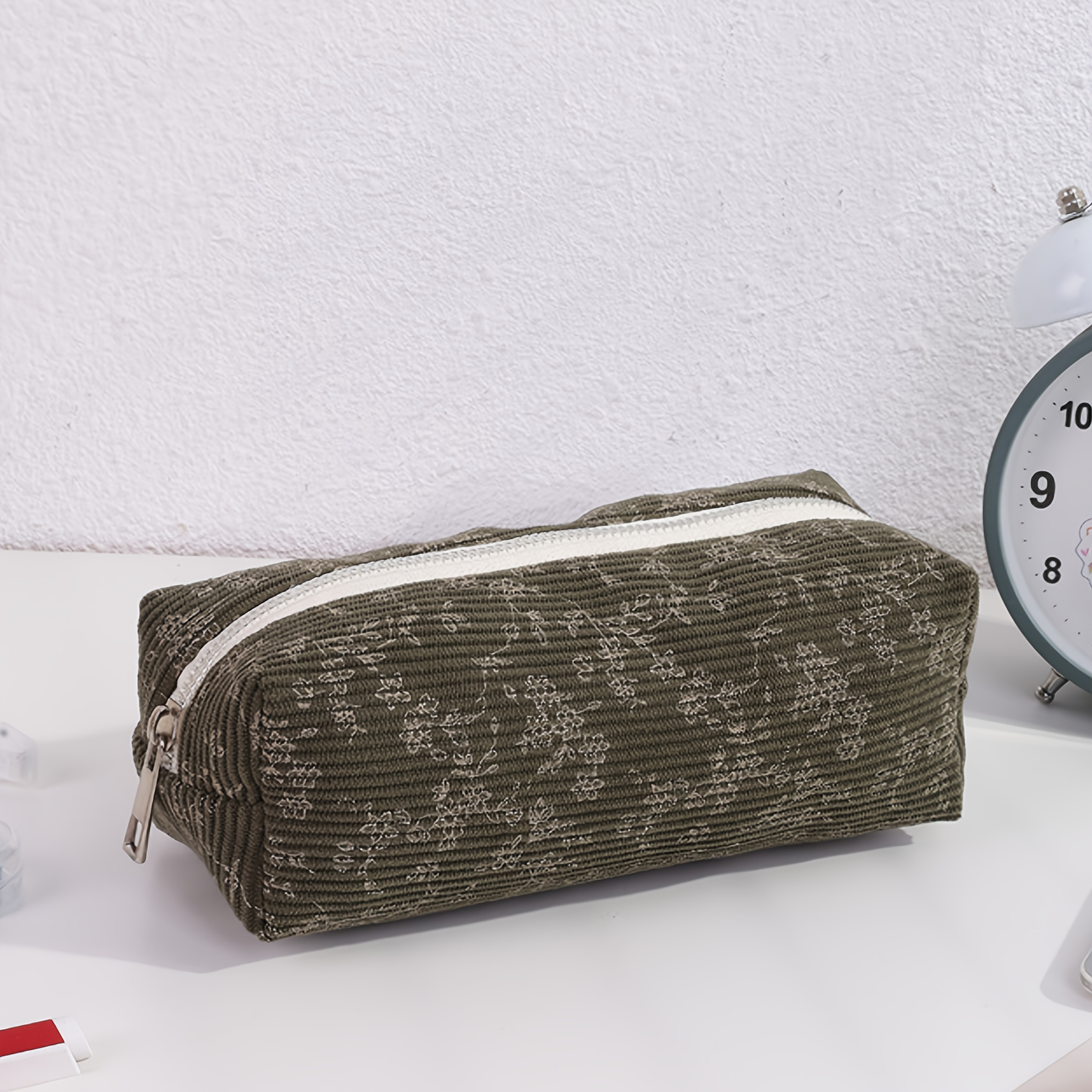 1pc Corduroy Floral Pencil Case, School Supplies, Large-capacity Simple Stationery Storage Bag