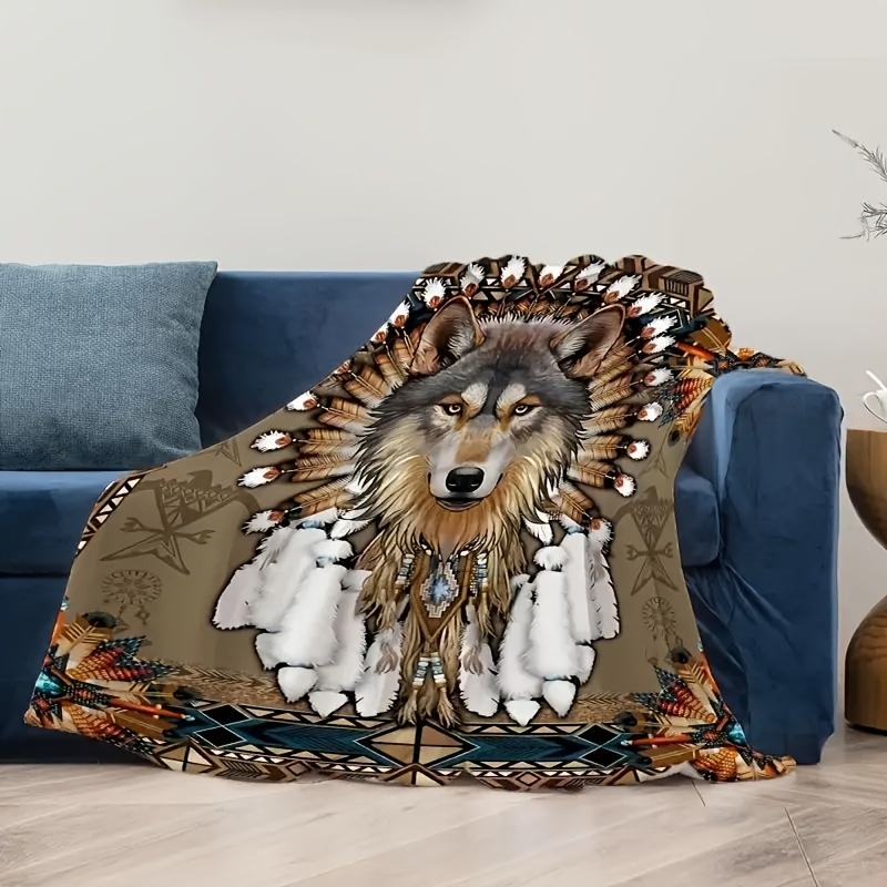 1pc   wolf design flannel fleece blanket   rustic   style cozy and warm throw for home decor details 7