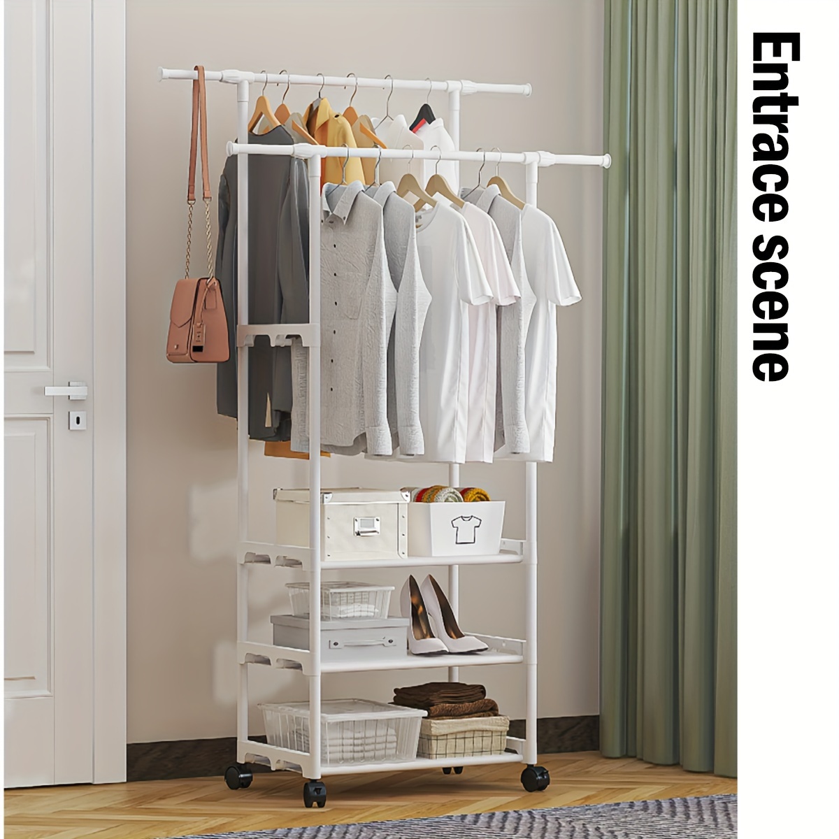 mobile 3 tier carbon steel closet organizer with casters multi purpose indoor storage for home use details 4