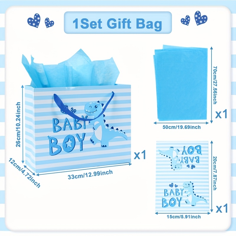 TEMU 1Set, blaue "Baby Boy" Papier-Einkaufstasche, blaue & weiße Streifen Dinosaur "Baby Boy" Dusche Taufe Papier-Geschenk-Einkaufstasche mit