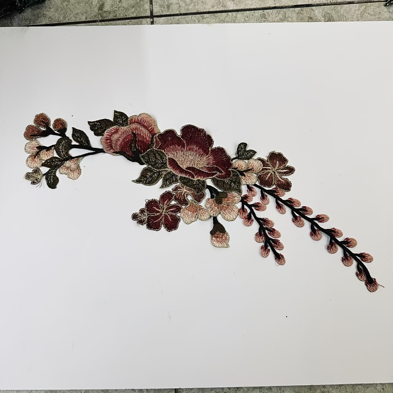TEMU Toppa adesiva ricamata retr簷 con peonia vino e di salice, versione lunga, decorazione adesiva in tessuto con ramo di fiori inclinato, accessori