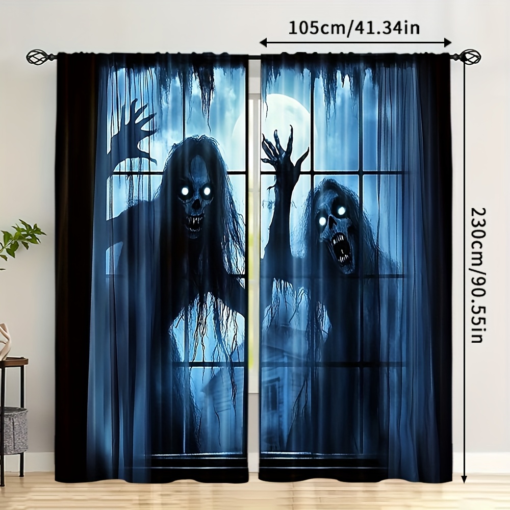 E-shop 2er-Set Ganzjahres-Vorhänge mit gruseligem Geister- und Monster-Design, hergestellt aus 100% Polyester, geeignet für Schlafzimmer, Büro, Küche,