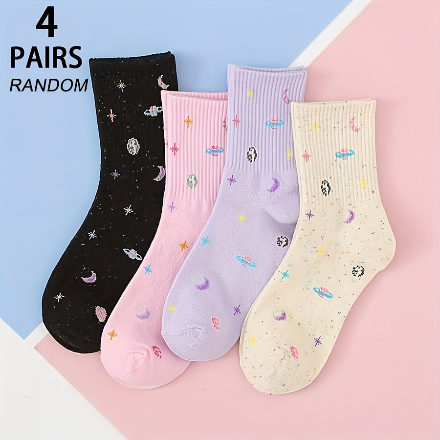 E-shop 4er-Pack Damen Multicolor Sternpunkt Asteroid Muster Jacquard Leichte Süße Mode Vielseitige Bequeme Trendige Sportliche Mid-Calf Socken Geeignet