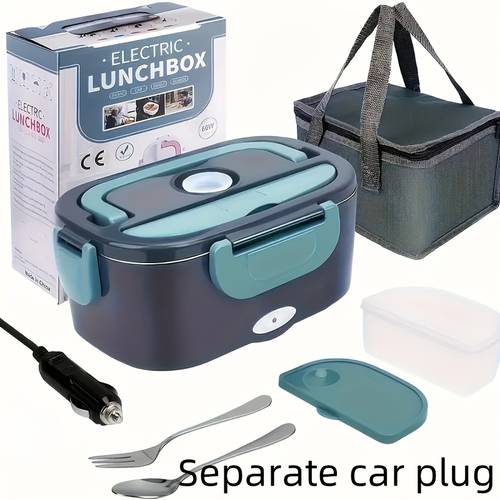 portable insulated heating student lunch box hot food waterless heating 50 72oz stainless steel container soup pot fruit box leak proof stainless steel container with car plug 12v 24v suitable for cars and trucks spoon