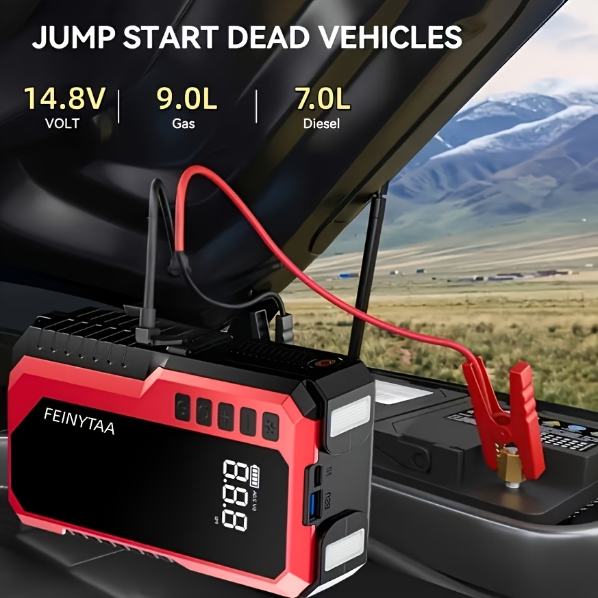 5000A/10000A Peak 12V/14.8V Portable Emergency Jump Starter with Air Compressor, LED Light, Power Bank And Tire Inflator - Multi-functional Emergency Power Supply, Suitable for Cars, Trucks, SUVs, RVs, Motorcycles, Plug Adapter, 24V/48V Input