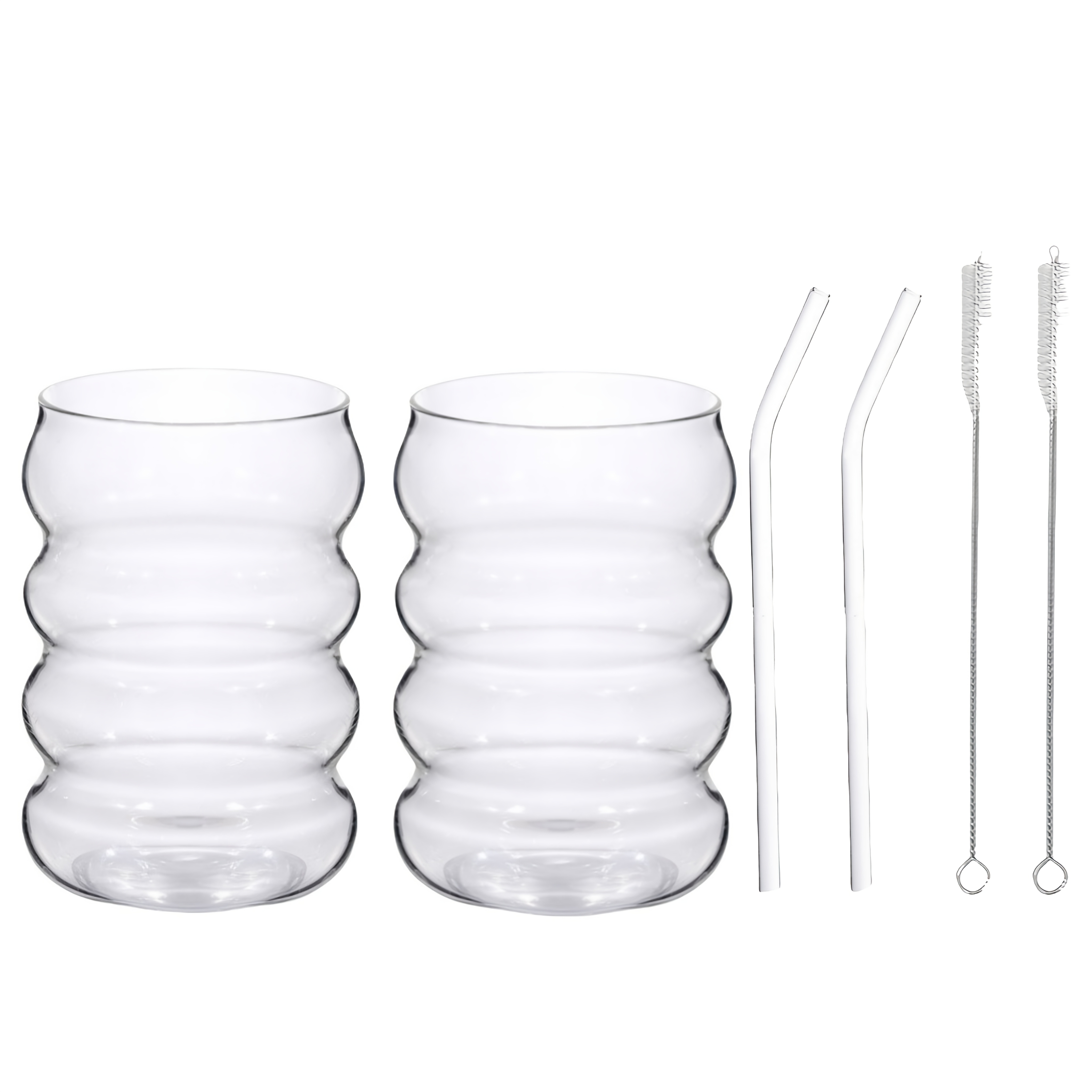 E-shop 2er-Set Becher aus hochwertigem Borosilikatglas (2 Becher + 2 Strohhalme + 2 Strohhalmbürsten), gewellter Milchshake-Becher, 500 ml/16,91 oz