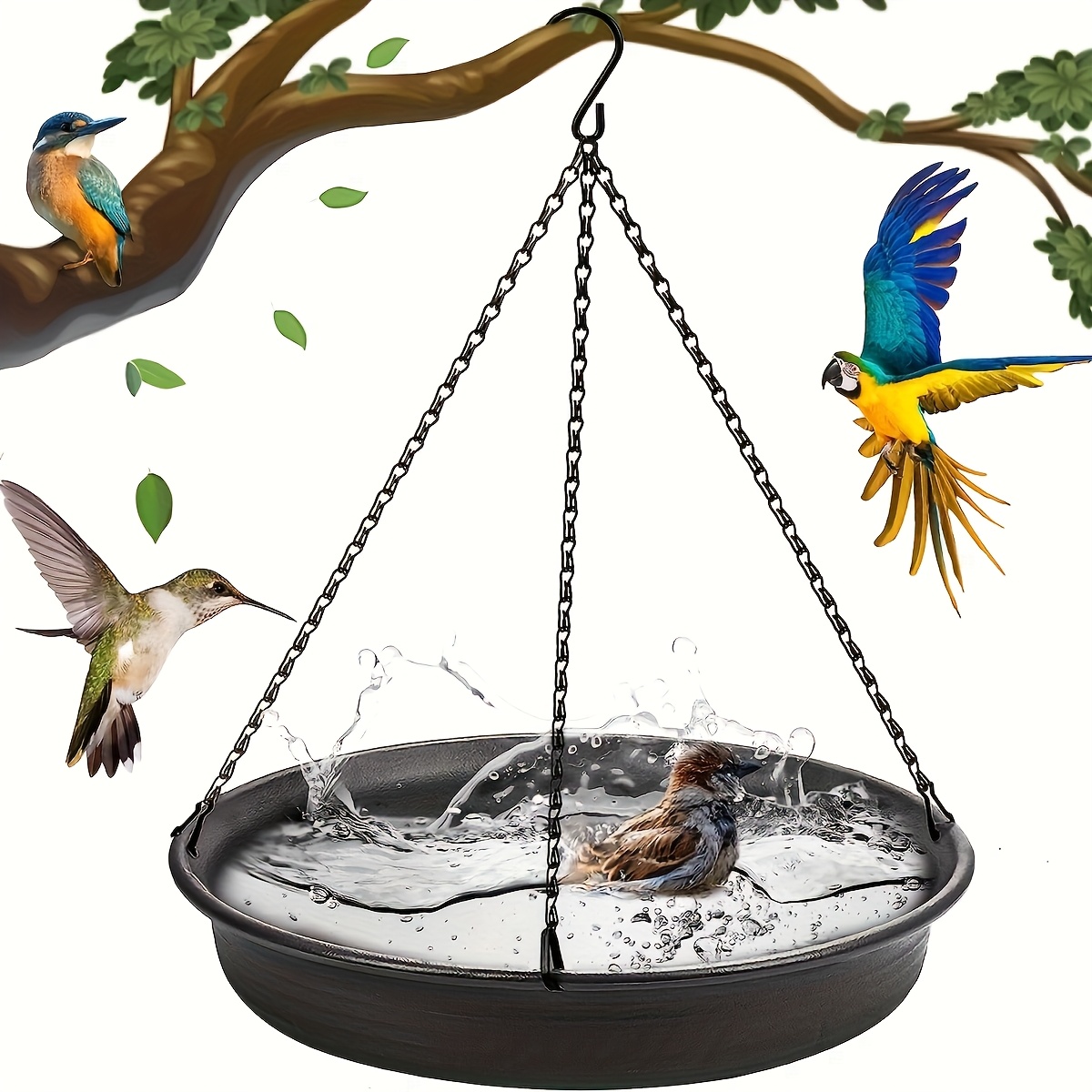 Image of Sturdy Hanging Bird Bath Tray With Hanging Design, Dual Use Outdoor Bird Water Holder And Bird Food Feeding Plate, Stylish Garden Hanging Ornament Bird Bath Feeder For Outside Attracting