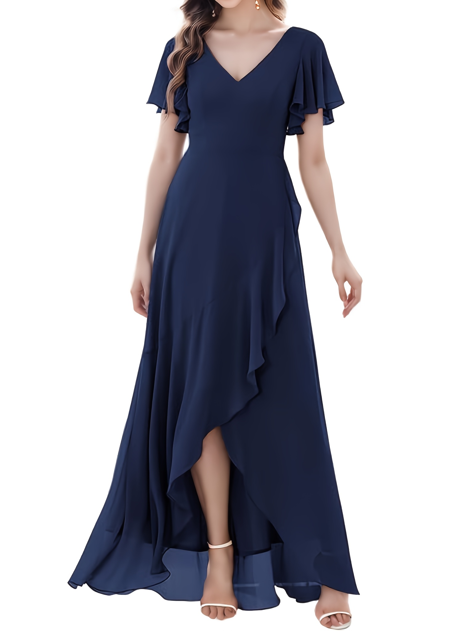 Elegant Navy Blue Chiffon Maxi Dress with *-Neck Ruffle Hem Backless,  Short Sleeve Wedding Guest Dress for Women, Flowing A-Line Silhouette
