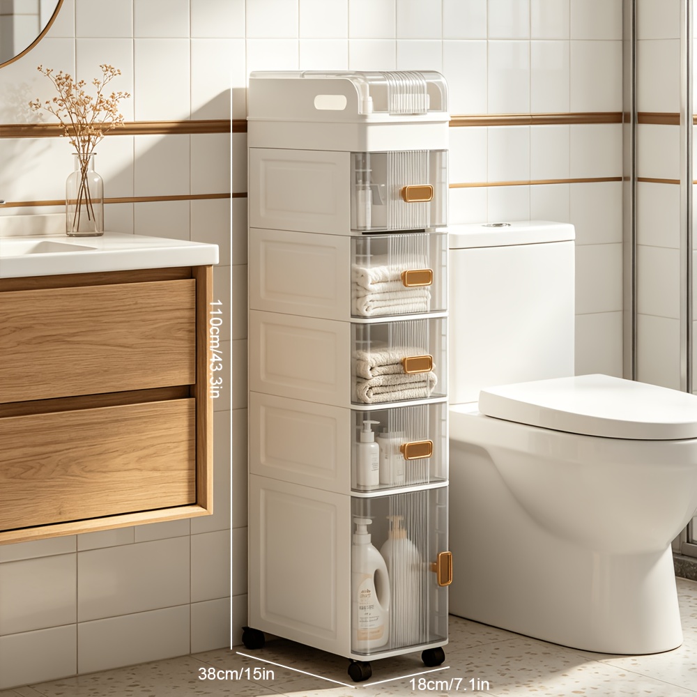 TEMU 4/5-drawer Slim Bathroom Storage Cabinet, Narrow Floor Cabinet With Wheels And Toilet Paper Holder, Waterproof Bathroom Storage Organizer For