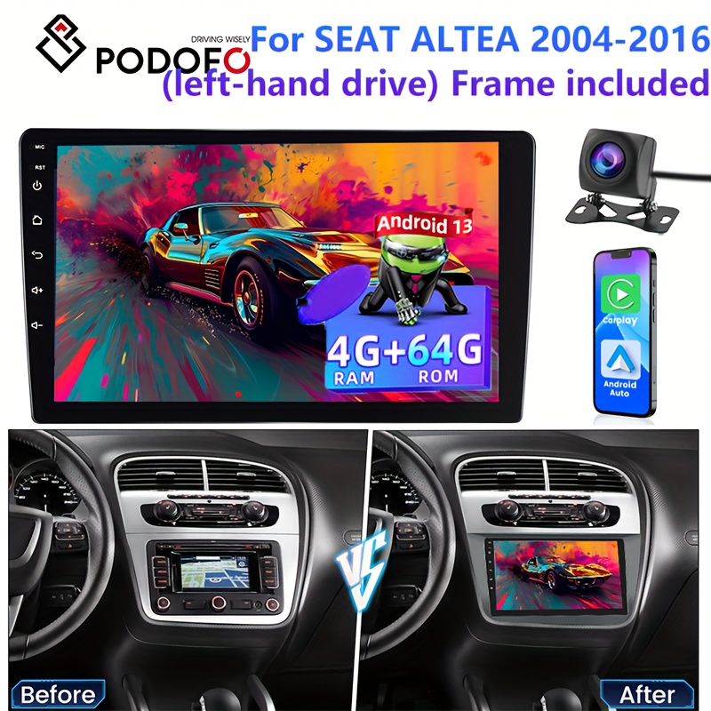 Image of Podofo 9" Touch Screen Car Stereo For Seat Altea 2004-2016 (left-hand Drive) - Double Din, 4gb + 64gb Storage, Wireless 5.0, Gps Navigation, , Wireless Ahd Backup Camera, Frame Included