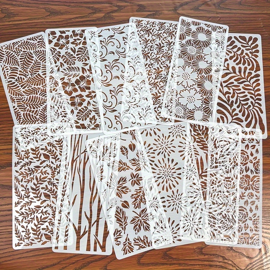 Image of 12pcs Set Of Floral, Leaf, And Tree Texture Painting Templates, Creative Filling And Coloring Stencils, Easy To Clean, Durable, And Reusable, Perfect For Projects