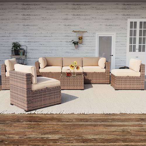 7pcs outdoor patio furniture set all weather rattan water resistant cushions wicker sectional conversation sofa with coffee table for patio deck backyard beige