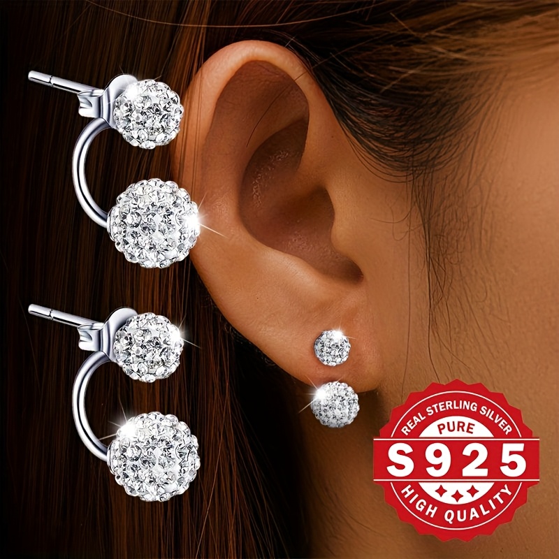 

Pair Of Women's Large And Small Rhinestone Ball Earrings, S925 Pure Silvery, Luxurious Shine, , Suitable For Festival Wear, Suitable For Gift , Low Allergy 2.3g, Christmas