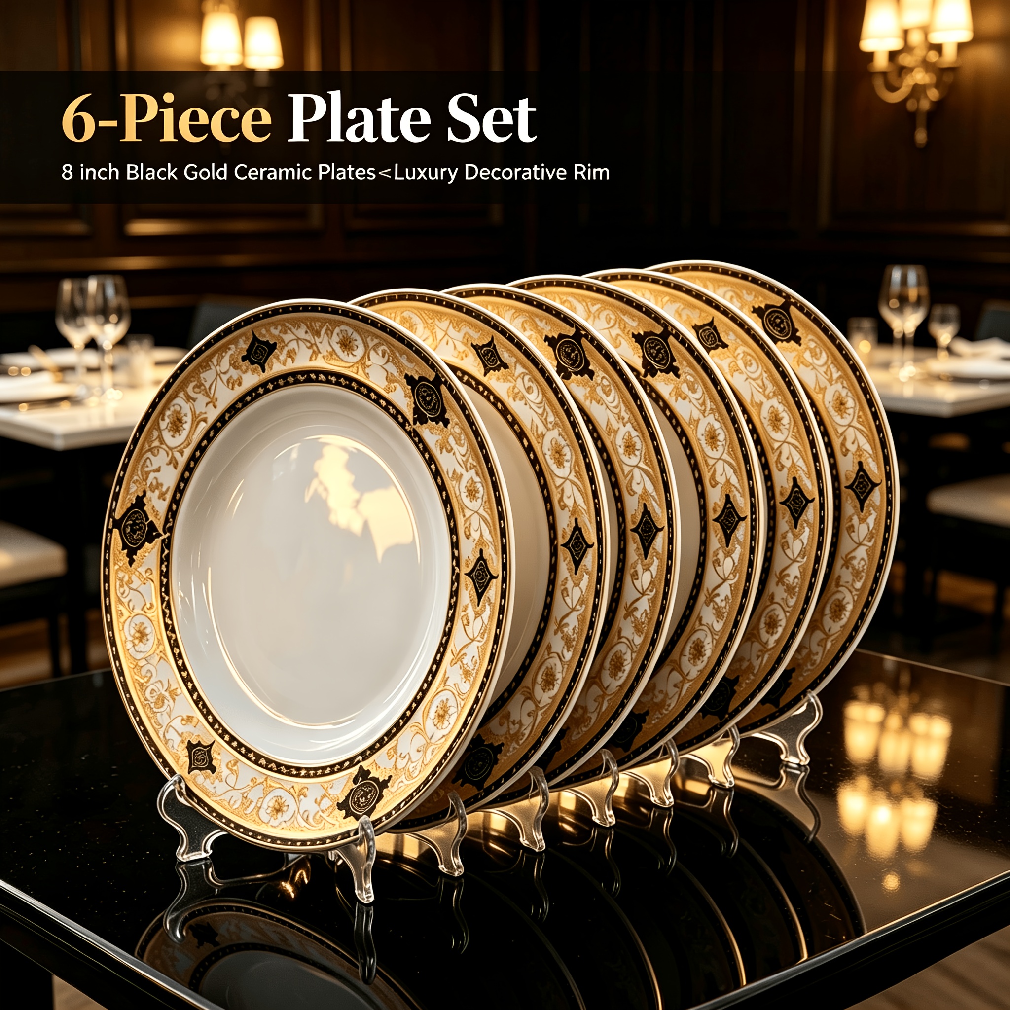 TEMU 6pcs 8-inch European Gilded Pattern Ceramic Dinner Plates Tableware Gifts For Holiday ; 6pcs 8-inch European Classical Gilded Ceramic Dinner