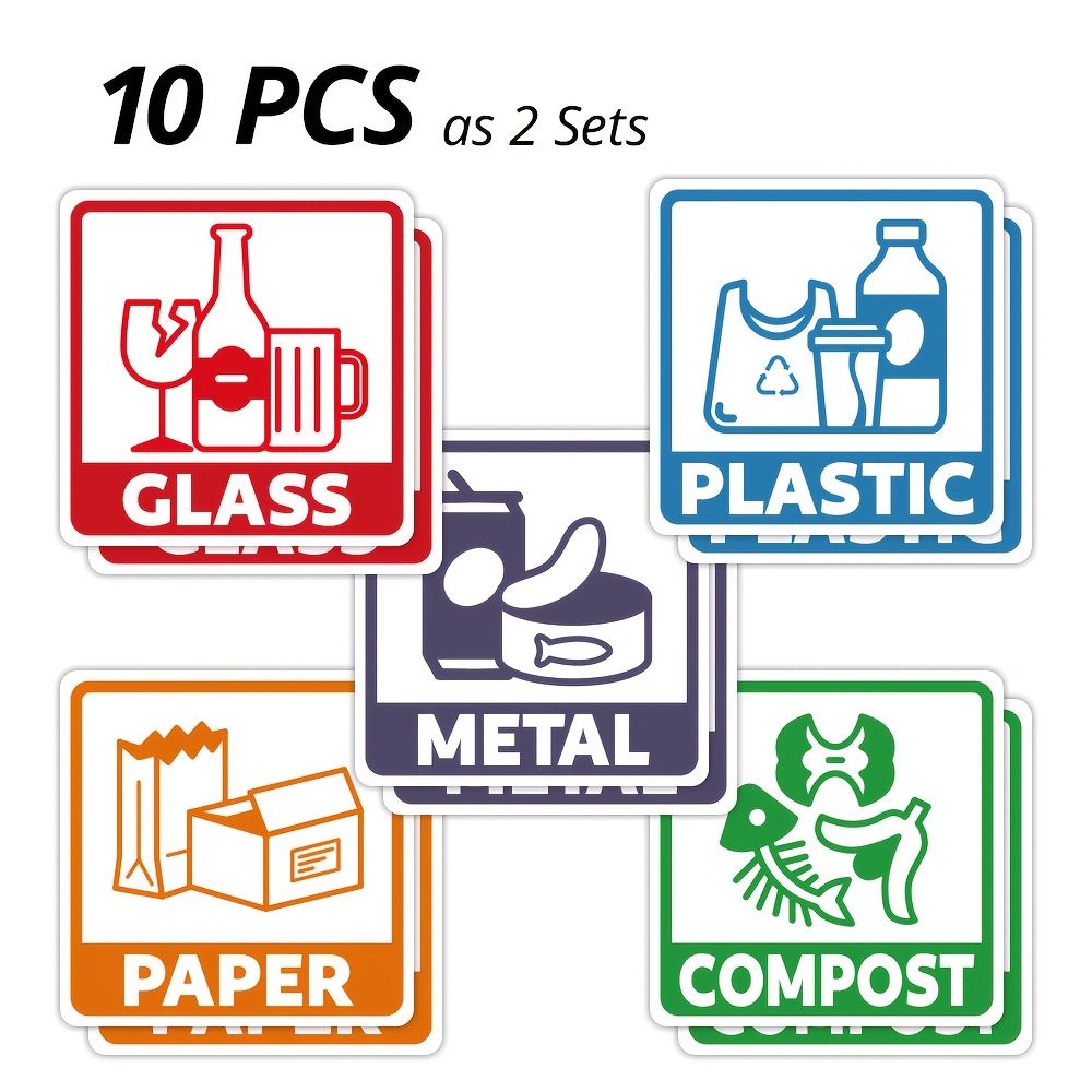TEMU Lot de 5/10 autocollants de tri des déchets, conçus en 5 couleurs, panneaux de classification des poubelles, mesurant 10X10 cm / 3.9X3.9 pouces,