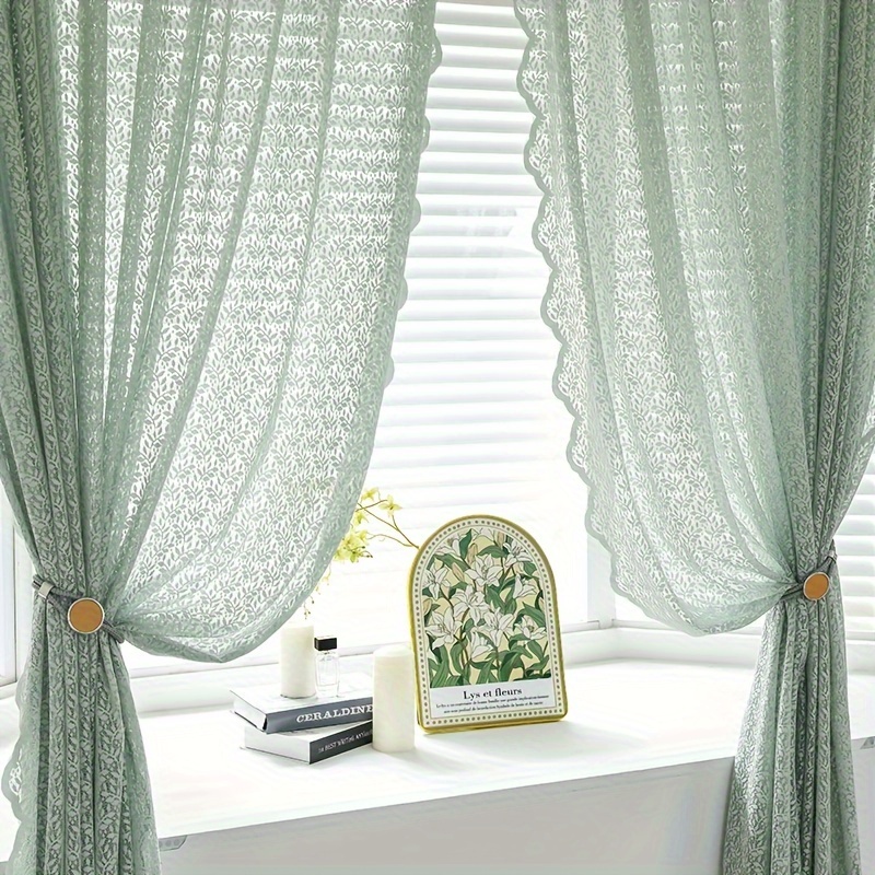 Image of 2pcs French Retro Green Lace Embroidery Small Floral Sheer Tulle Curtain For Living Room Bedroom Door Window Multi Functional Hook Resistant Curtain Bedroom Living Room Home Partition Drapes