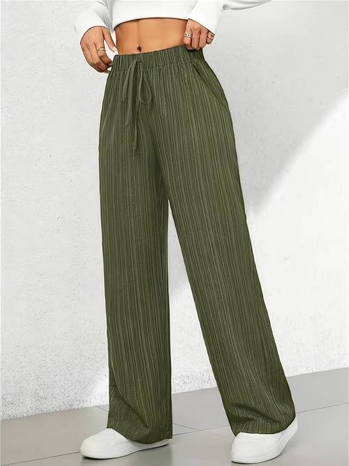 womens elegant straight leg trousers with tree grain wrinkle texture micro stretch fabric featuring a comfortable elastic waistband with drawstring detail and side slant pockets suitable for