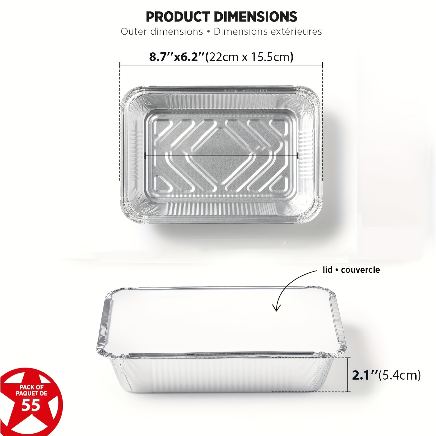 E-shop Set mit 55 Einweg-Aluminiumfolienformen - Maße 22 x 15,5 cm, komplett mit Deckeln - Robuste 2, Blechfolienbehälter, geeignet zum Kochen, Backen,