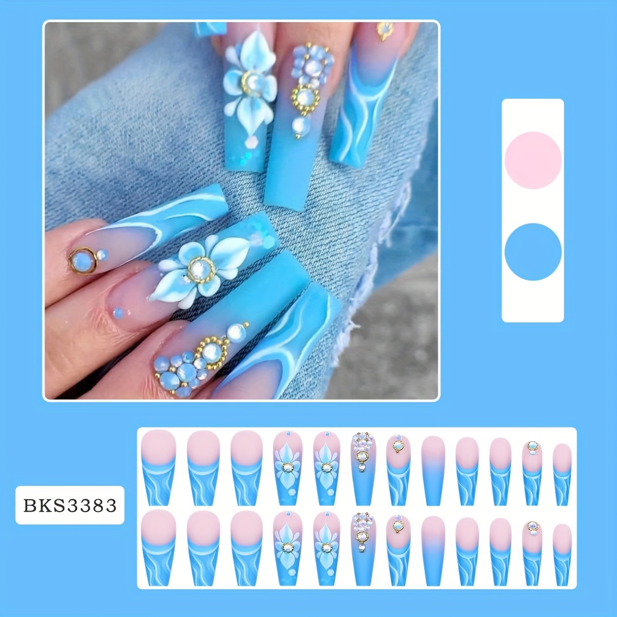 TEMU 24 stuks Blauwe Franse Strass Lange Ballerina Press-On Nagels, Inclusief Jelly Lijm Sticker En Nagelvijl
