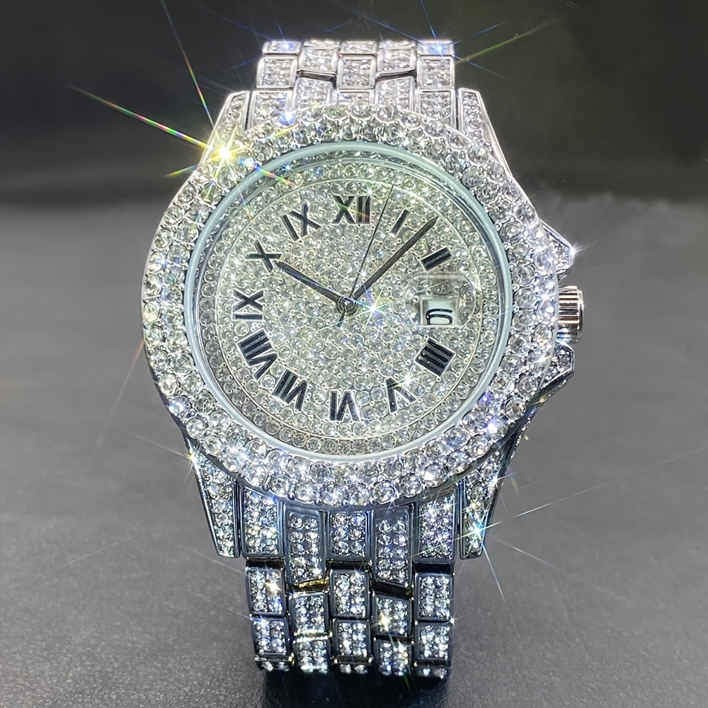 Image of Fashion Men's Date Luxury Golden Hip Hop Full Rhinestone Men's And Women's Quartz Watch