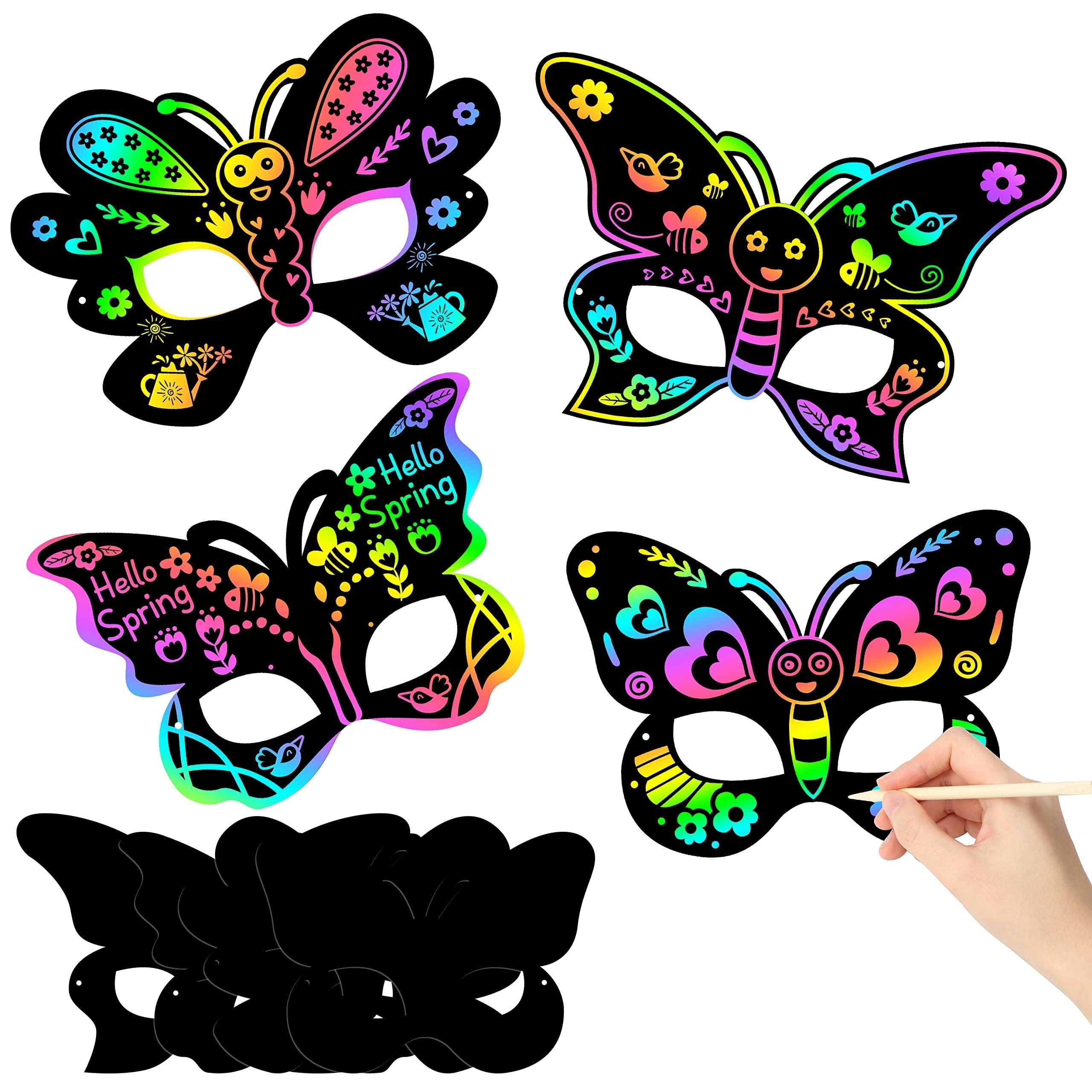 

24 Pcs Butterfly Scratch Paper Masks - Rainbow Art Craft Kit With Wooden Stylus & Ribbons, Diy Party Favors For Mardi Gras, Halloween, Easter, And Birthday Celebrations - Paper Material