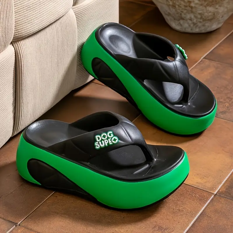 womens eva thick sole flip flops anti slip soft comfortable slip on sandals with green accents dog suepo text indoor outdoor casual shoes for beach daily commuting Product details 3