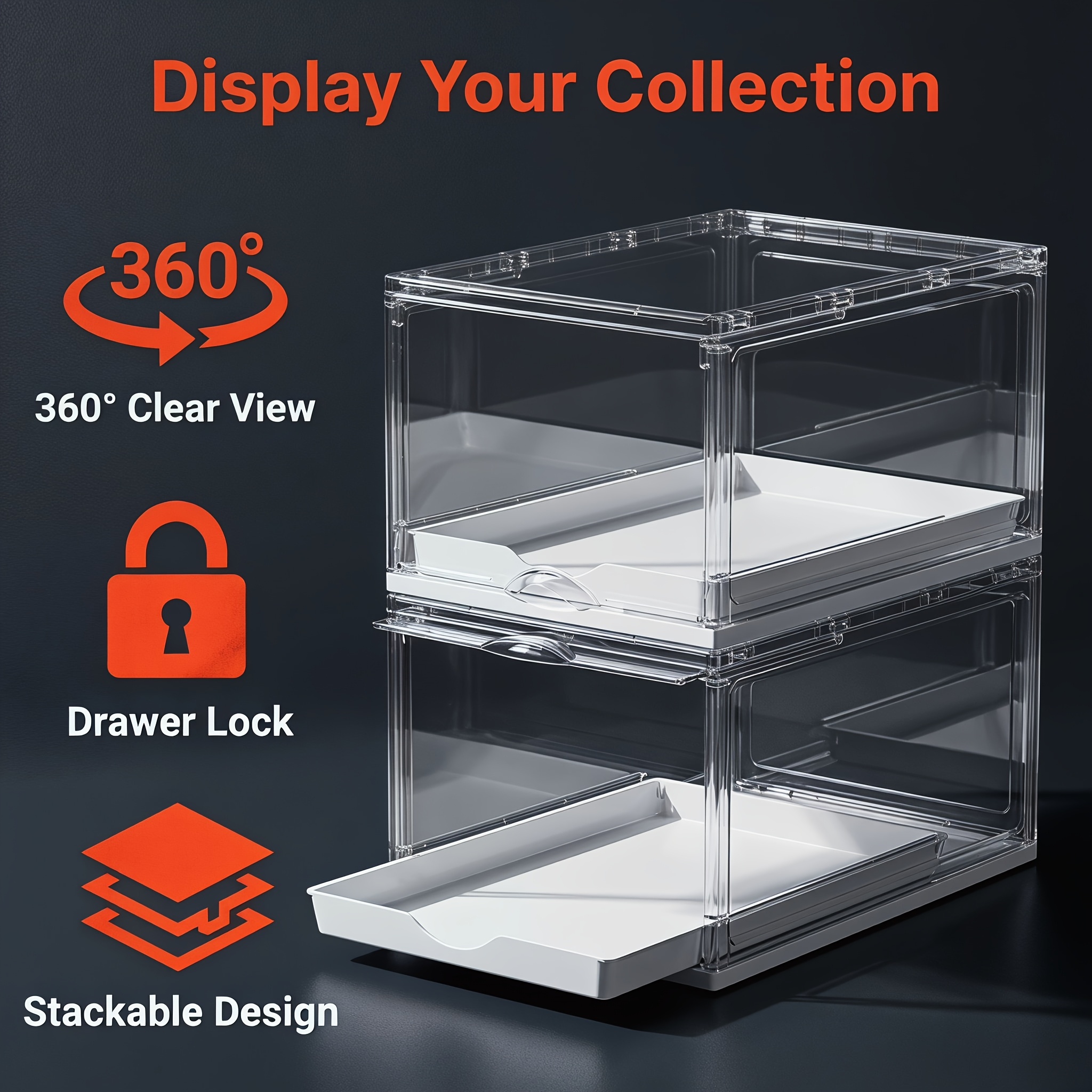 TEMU Set Of 2 Transparent Hat Storage Boxes Featuring A Drawer, Designed For Organizing Baseball Caps. This Spacious Holder Includes A Sliding Tray