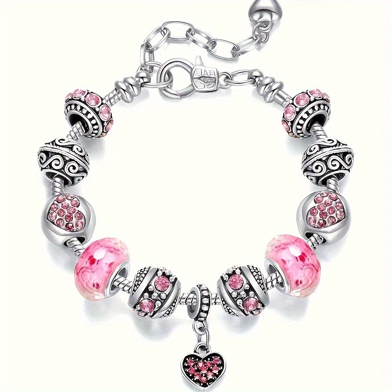 

Pretty Pink Heart Pendant Bracelet Zinc Alloy Jewelry Rhinestones Inlaid Elegant Ethic Style For Women Dating Hand Decor