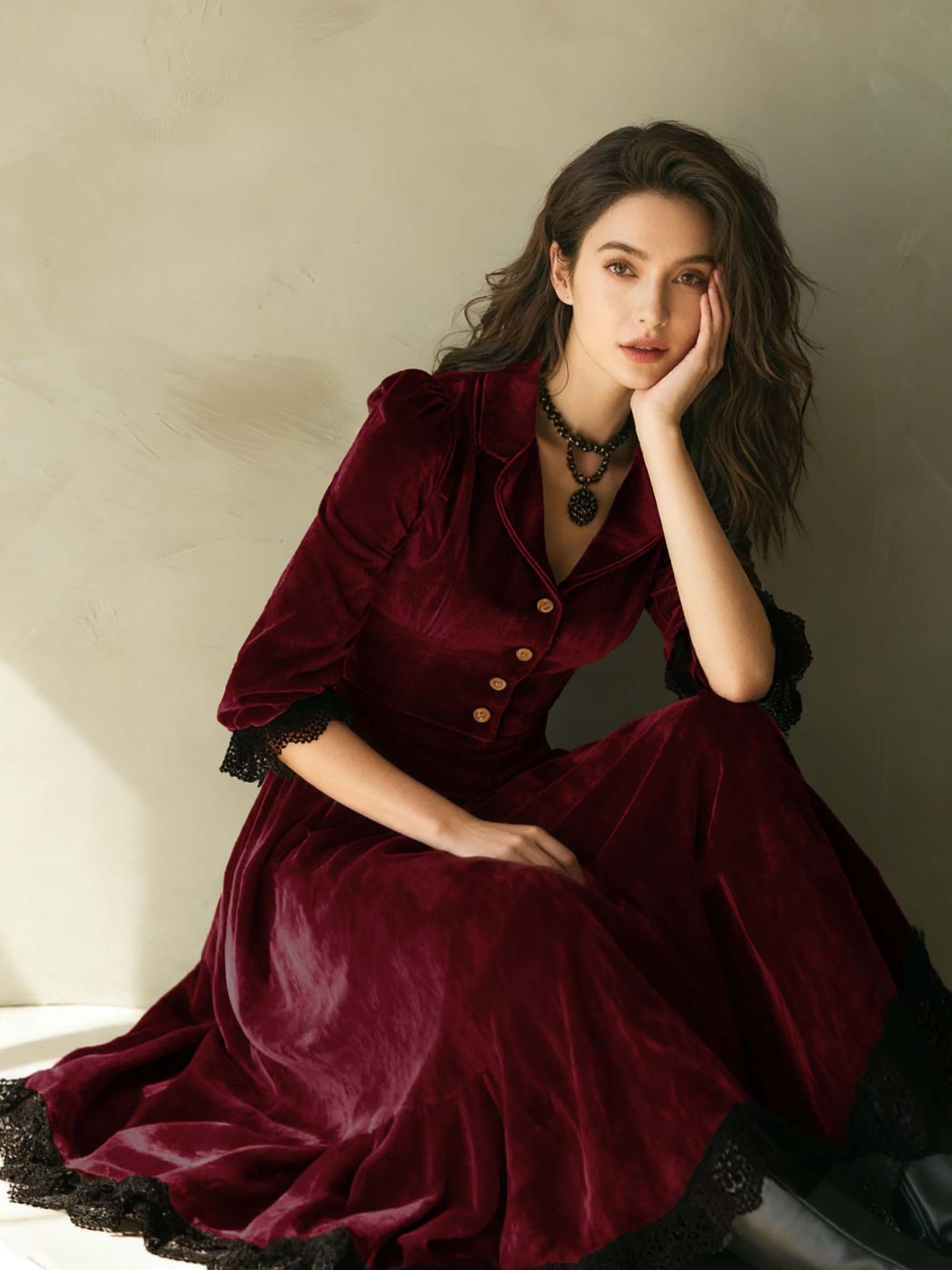 vintage burgundy velvet dress Golden Era Gown and Glove Set in Burgundy Velvet
