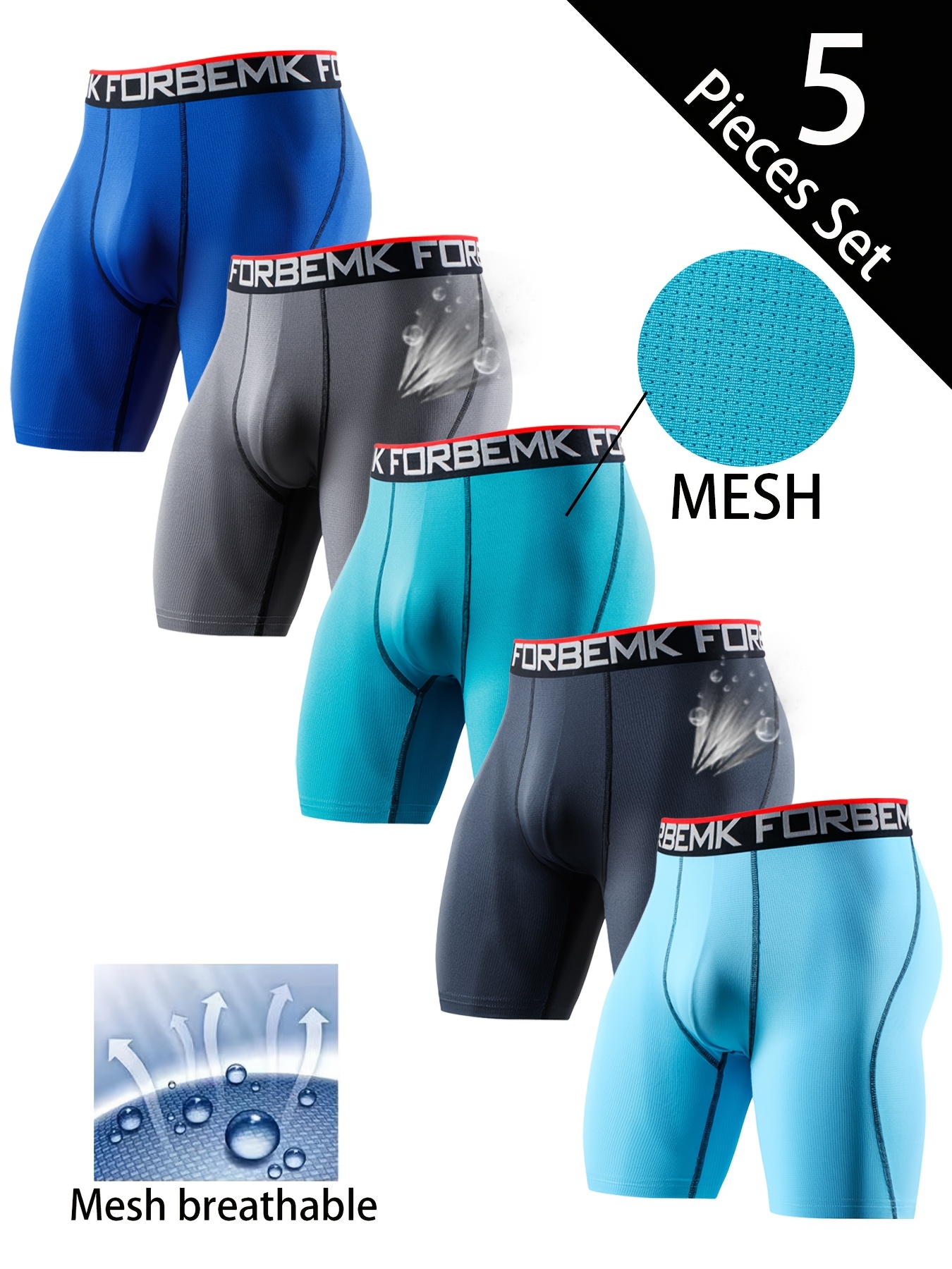 5-pack herr andningsbara långa boxershorts, bekväma, snabbtorkande, elastiska, åtsittande, lämpliga för sport, strand och pool