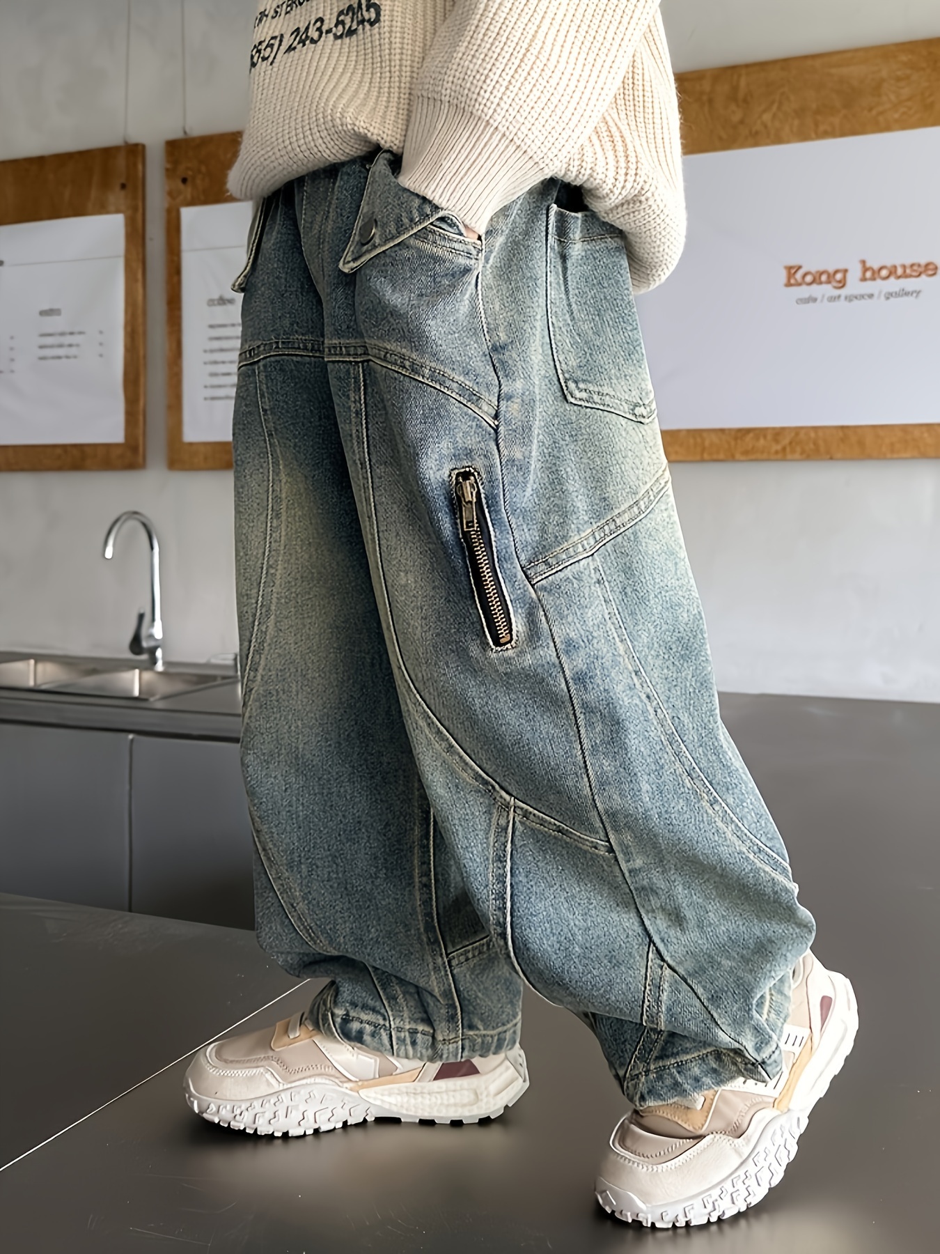 teen boys nostalgic color baggy pants pockets zipper casual Temu