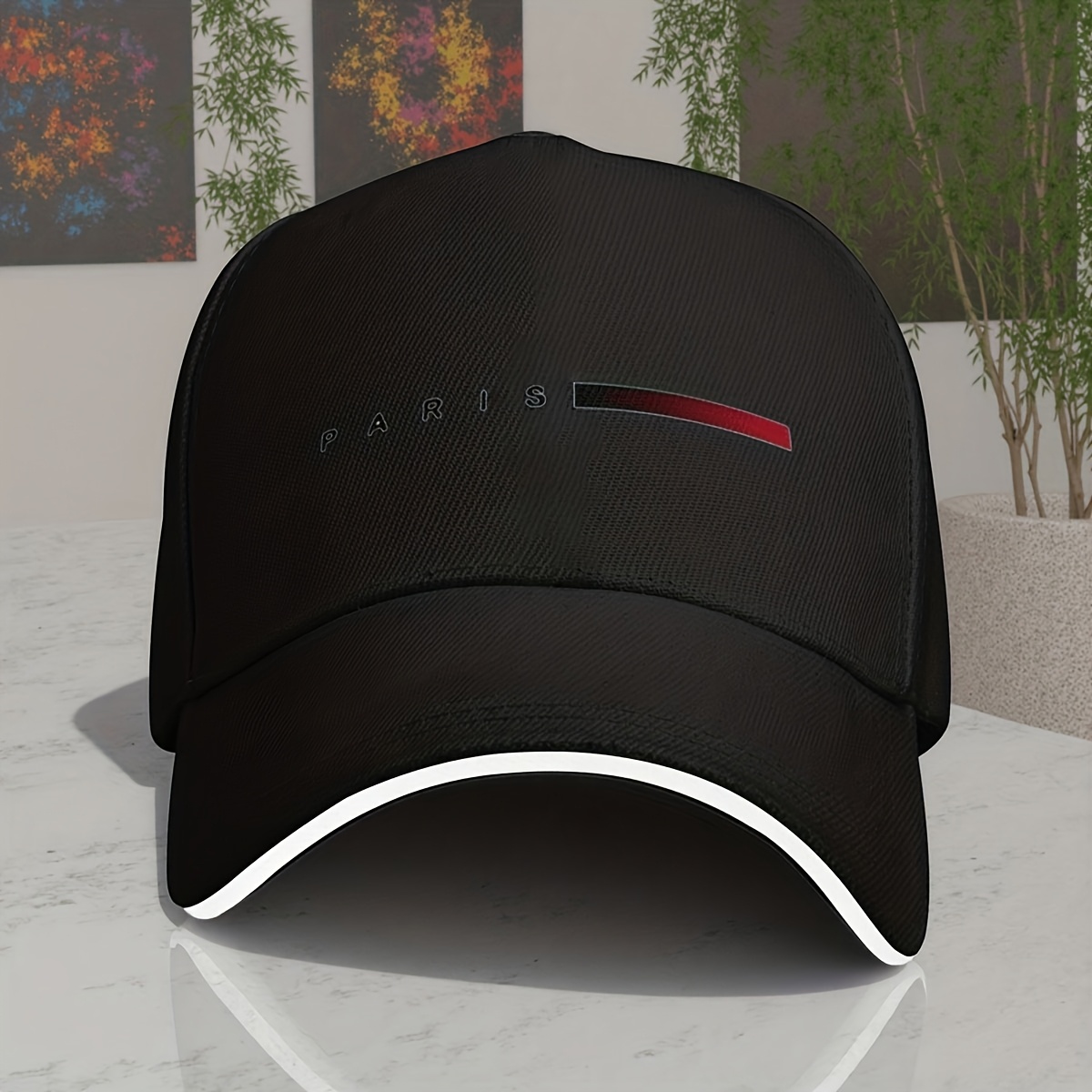 E-shop Unisex Baseball Cap mit Verstellbarer Passform - "Paris" Print, Lässige Outdoor-Sportkappe, Blau-Rot Gestreiftes Design, Atmungsaktiv &