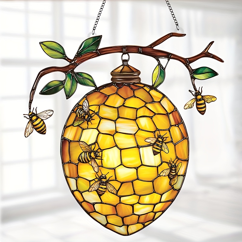 

1pc Vibrant Honeycomb & Bee Acrylic Suncatcher - 10.8"x11" Stained Glass-style Window Hanging Decoration, Ideal For Garden & Home Decor, Perfect Birthday & Holiday Gift