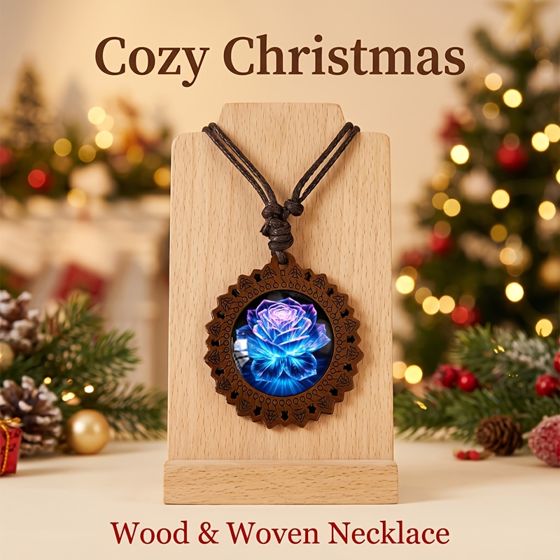 Iridescent Blue Lotus Wooden Necklace, Vintage Minimalist