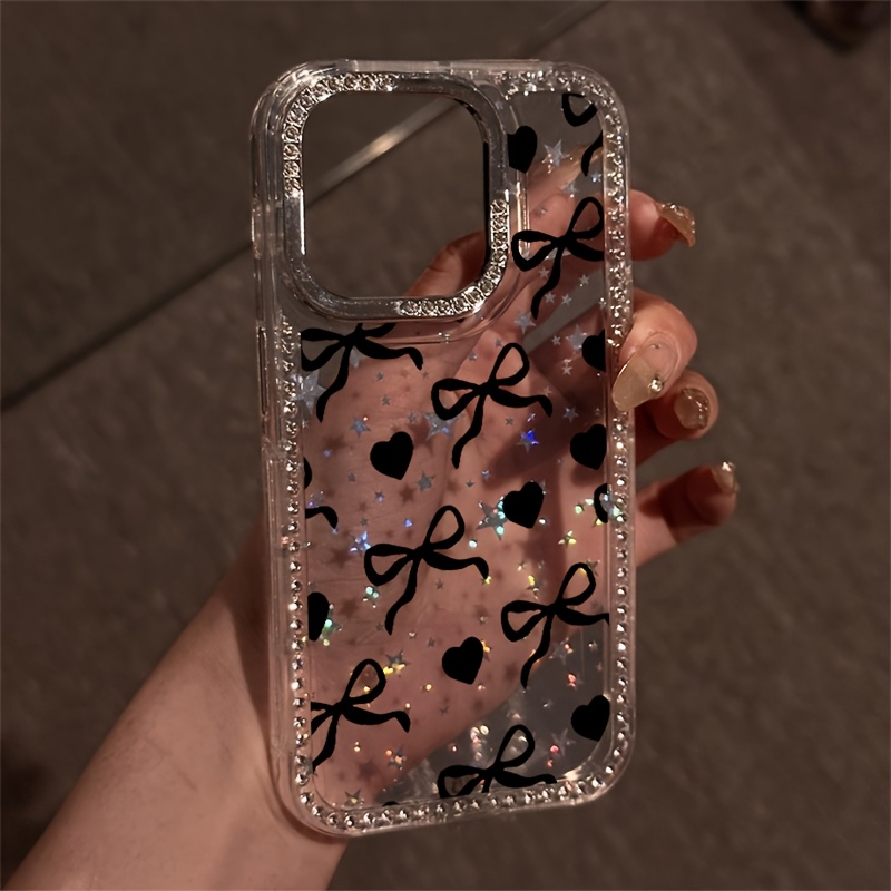 Ohišje za telefon: Srčni lok, luksuzno ohišje z biseri, prozorno bleščeče diamantno okvirje z zvezdami - proti zdrsu, združljivo z iPhone