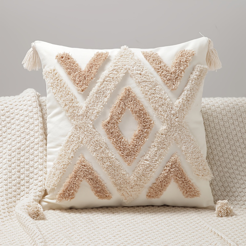 Bohemian Style Geometric Diamond Pattern Simple Tufted Tassel Throw Pillow Cover For Living Room, Bedroom, Sofa Decoration
