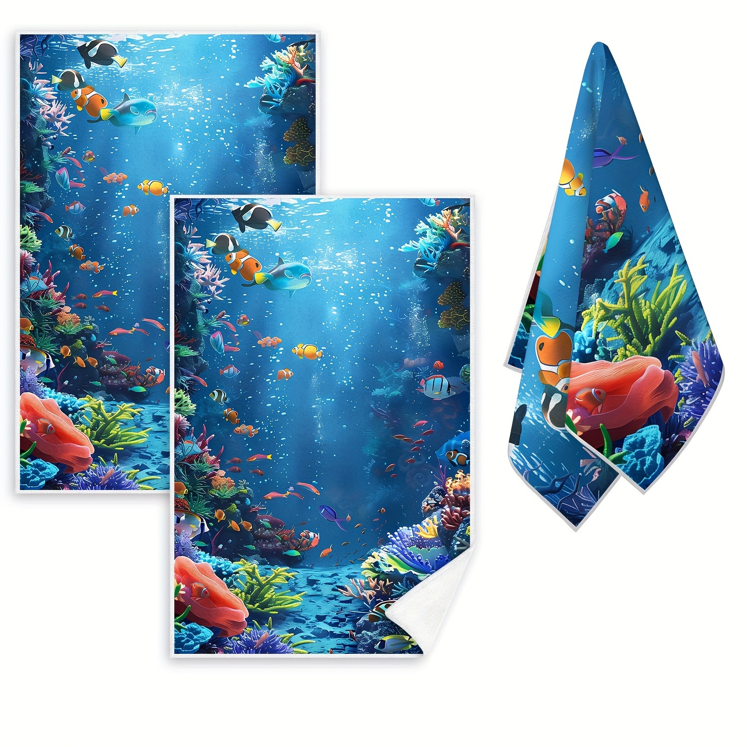 

2-piece Ocean World Fish Hand Towels - Soft, Absorbent Polyester Blend Kitchen Dish Cloths, Modern Cartoon Design, Reusable Cleaning Towels, Perfect Housewarming Gift