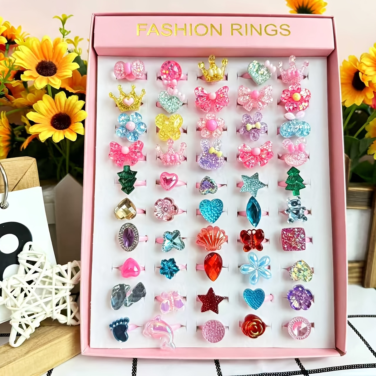 TEMU 12 Anillos de Dedo con , Estilo Aleatorio, Colores Mezclados, Corona, Flor, , Anillos Ajustables, Juego de Joyería Unisex para y Disfraces, Sin