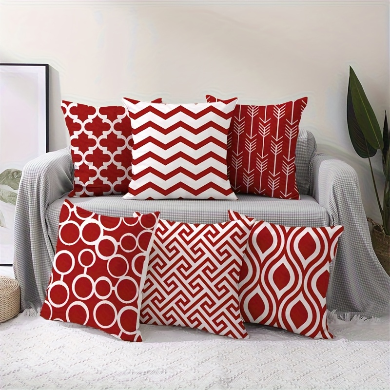 TEMU 6pcs Double Sided Printed Throw Pillow Covers, Red White Geometric Cases With Zipper, 3 Sizes Optional, Home Office Sofa Decor & Holiday Gift,