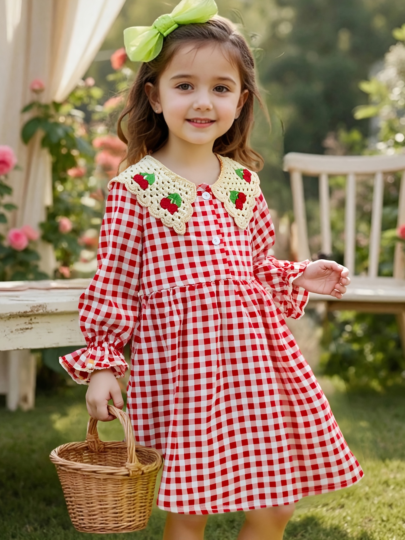 A Sweet And Cute Long-Sleeve Red Checkered Dress with a Cherry Doll Collar  for Girls * Spring And Summer