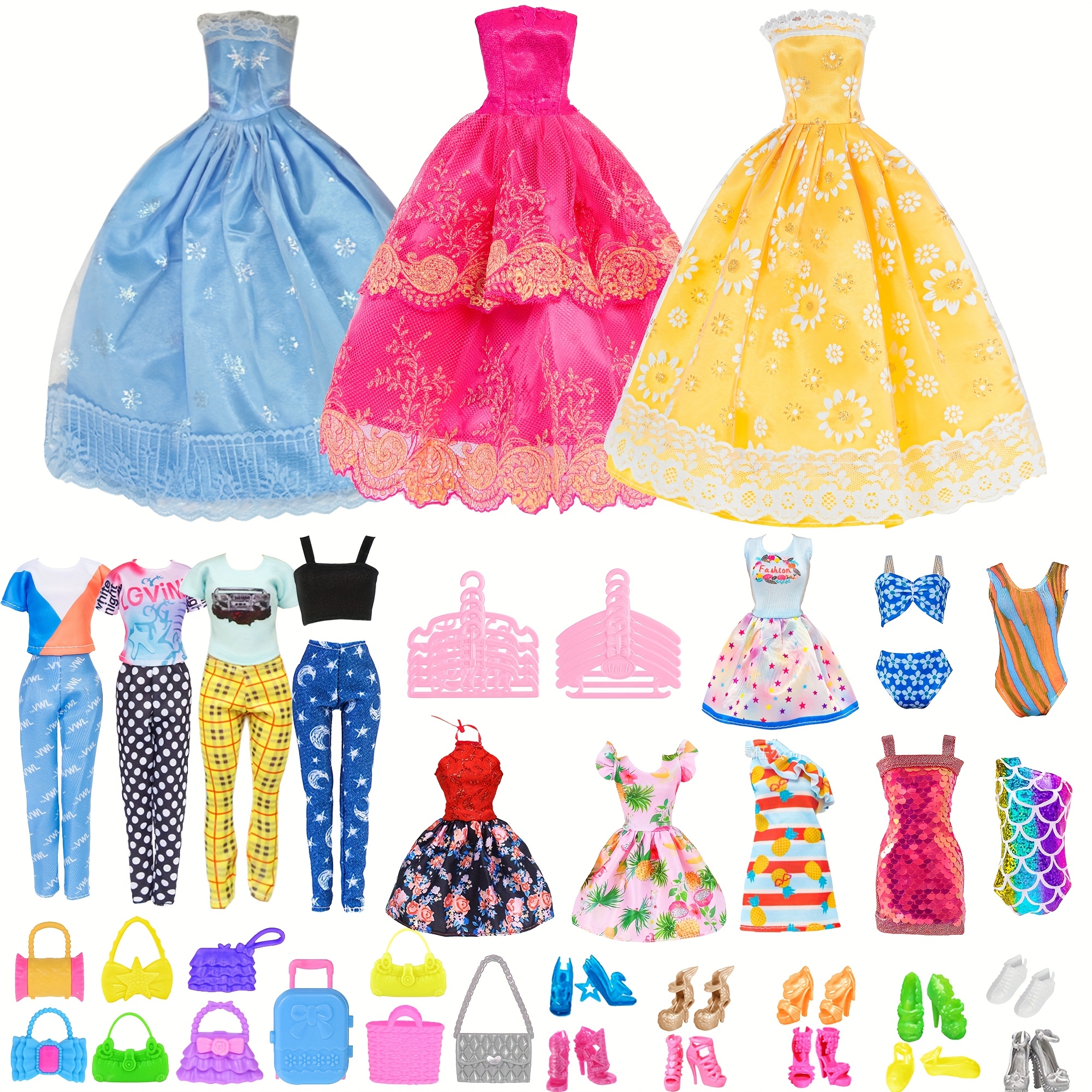 

49pcs 11.5 Inch Girl Doll Clothes And Accessories Set 3 Long Princess Dresses, 4 Tops, 4 Pants, 3 Bikinis, 5 Short Dresses, 10 Shoes, 10 Handbag, 10 Hangers