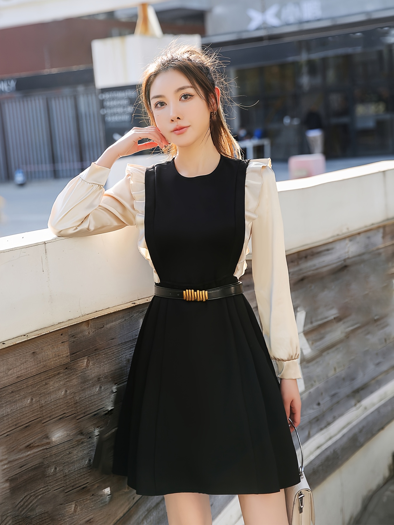 Women's Elegant Long Sleeve Apricot and Black * Dress, Autumn High-End  Waist Cinching * Casual Fashion Outfit