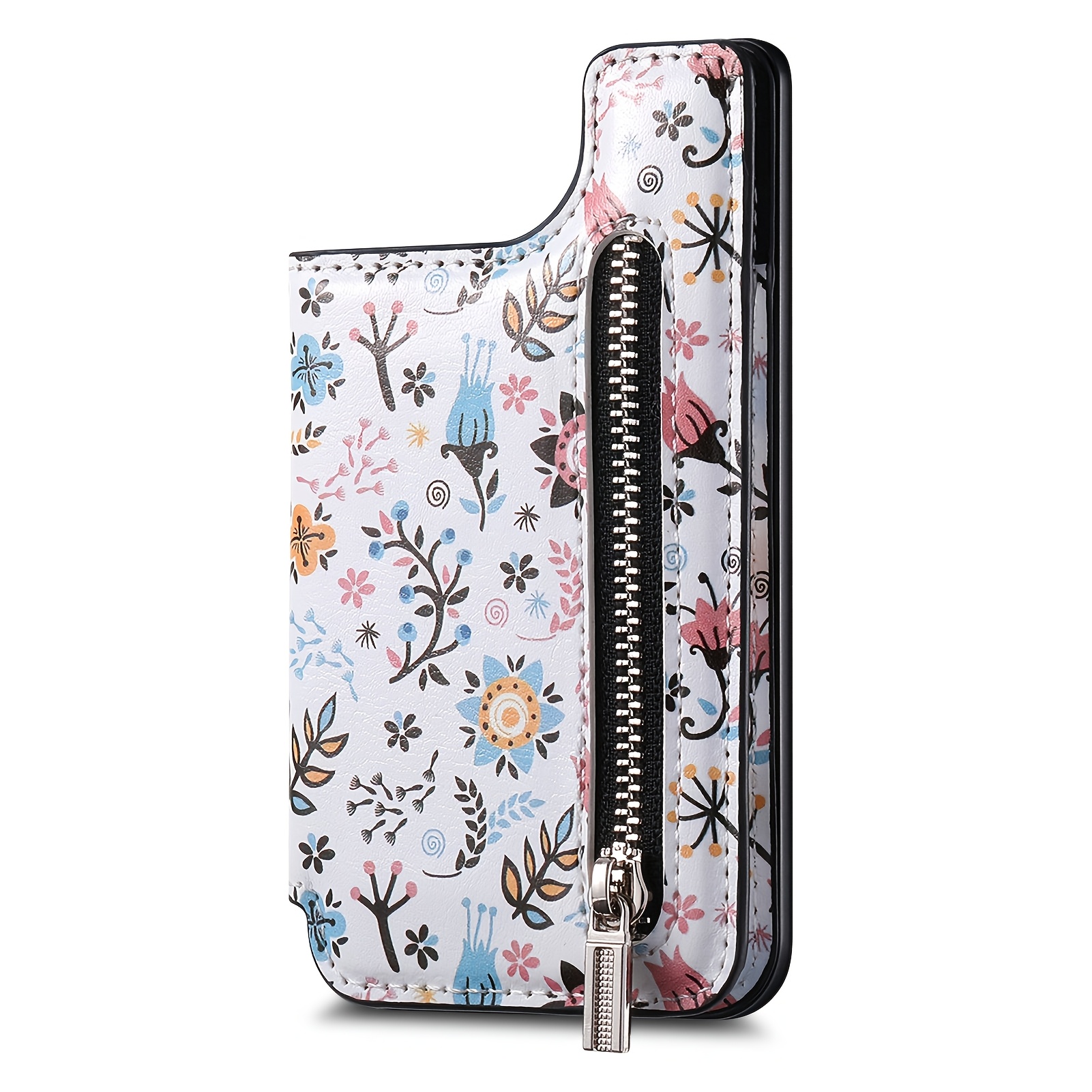 Image of 1pc Floral Painted Phone Case Card Holder Made Of Faux Leather, Portable Adhesive Card Wallet With Zipper, Suitable For Desktop Support