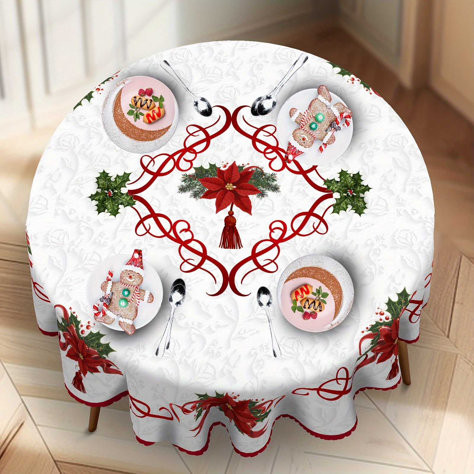 

Merry Christmas Tablecloth With & - Stain/water Resistant, Wrinkle-free Polyester, Embossed Edge For Dining Decor