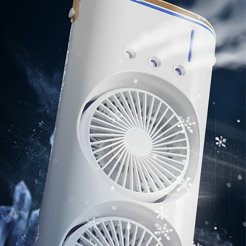 [1pc Ventilateur Portable Rotatif à Double Tête avec Charge Type-C] - Chargement USB - Refroidisseur d'Air - Pulvérisation Rafraîchissante Humidifiante - Veilleuse Colorée - 3 Vitesses - Télécommande - Rotation Automatique - Idéal pour Bureau - Dortoir - Chambre - Cadeau de Fêtes